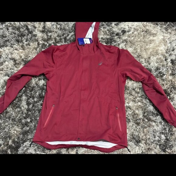 Size Large Asics Mens Dark Red Long Sleeve Lightweight Hooded Accelerate Jacket - Picture 1 of 3